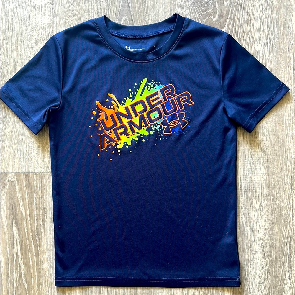 ⚡ Under Armour Youth Tech Tee – Size 7 – Navy w/ Neon Splash Logo